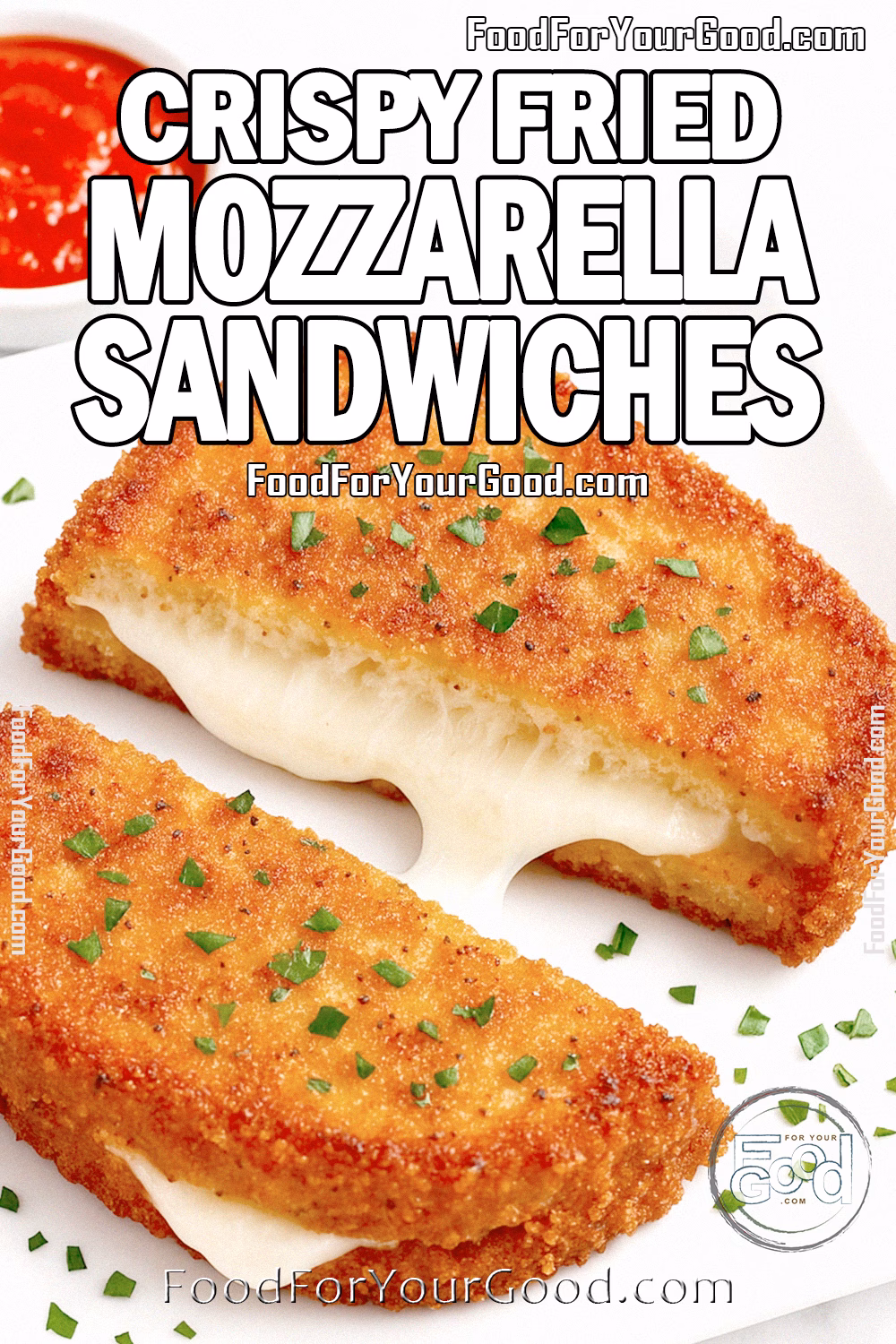 One fried mozzarella sandwich cut into two halves with golden crust and melted cheese, garnished with chopped basil, served on a white square plate with marinara sauce on marble background.