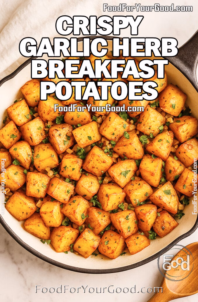 Crispy Garlic Herb Breakfast Potatoes in a cast iron skillet on white marble with a wooden spoon