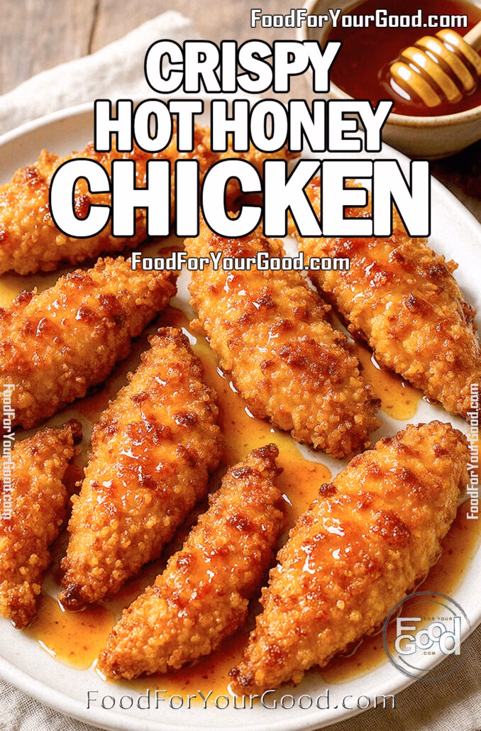 A platter of crispy baked chicken tenders drizzled with golden hot honey glaze, served on a white ceramic plate with a small bowl of hot honey in the background.