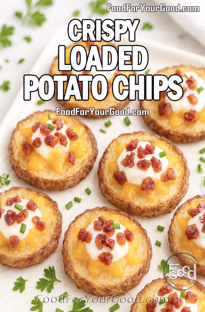 Crispy Loaded Potato Chips Crispy Loaded Potato Chips topped with cheddar, bacon, sour cream, and chives on FoodForYourGood.com