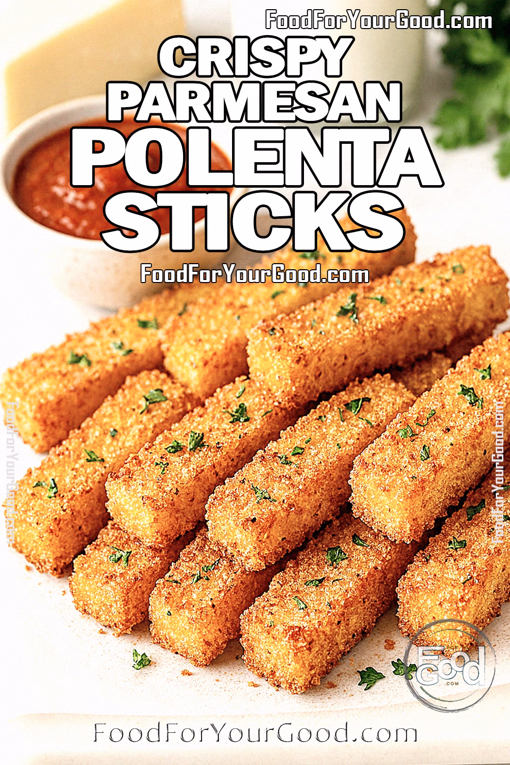 Crispy Parmesan Polenta Sticks on marble cutting board with parchment paper and homemade-style pieces served with marinara.