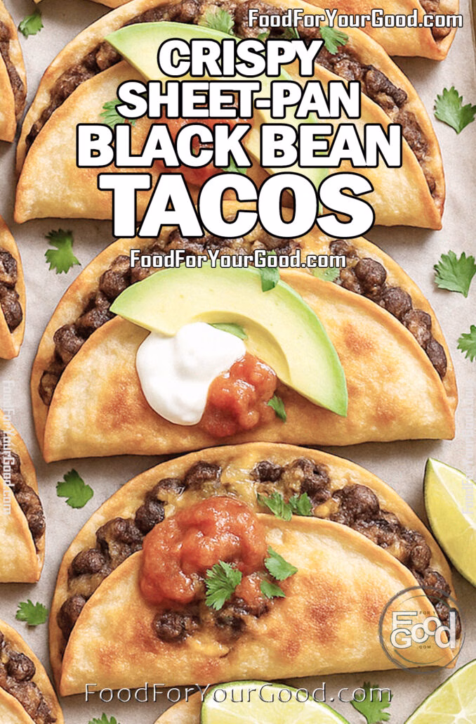 Crispy Sheet-Pan Black Bean Tacos Crispy Sheet-Pan Black Bean Tacos baked golden brown with melted cheese, topped with avocado slices, salsa, and sour cream on parchment paper with lime wedges and cilantro.