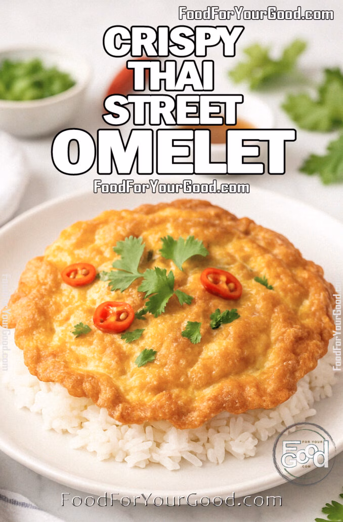 Crispy Thai Street Omelet rispy Thai Street Omelet served over jasmine rice, garnished with cilantro and chili slices on white marble