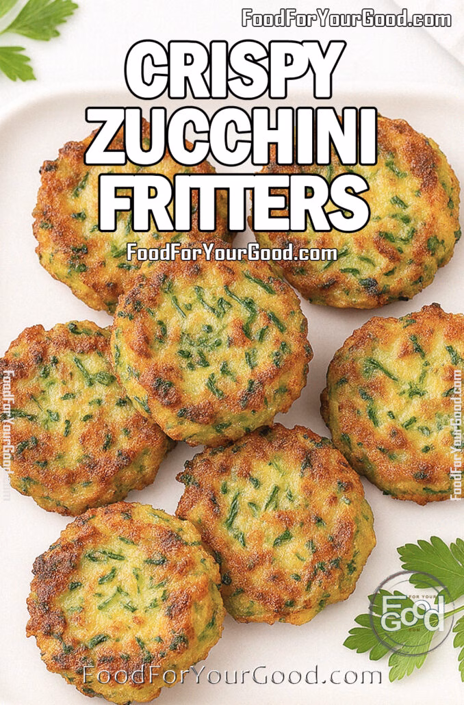 Crispy Zucchini Fritters Crispy Zucchini Fritters on a square white plate, golden brown with green zucchini flecks, served on a marble background with fresh parsley garnish, FoodForYourGood.com