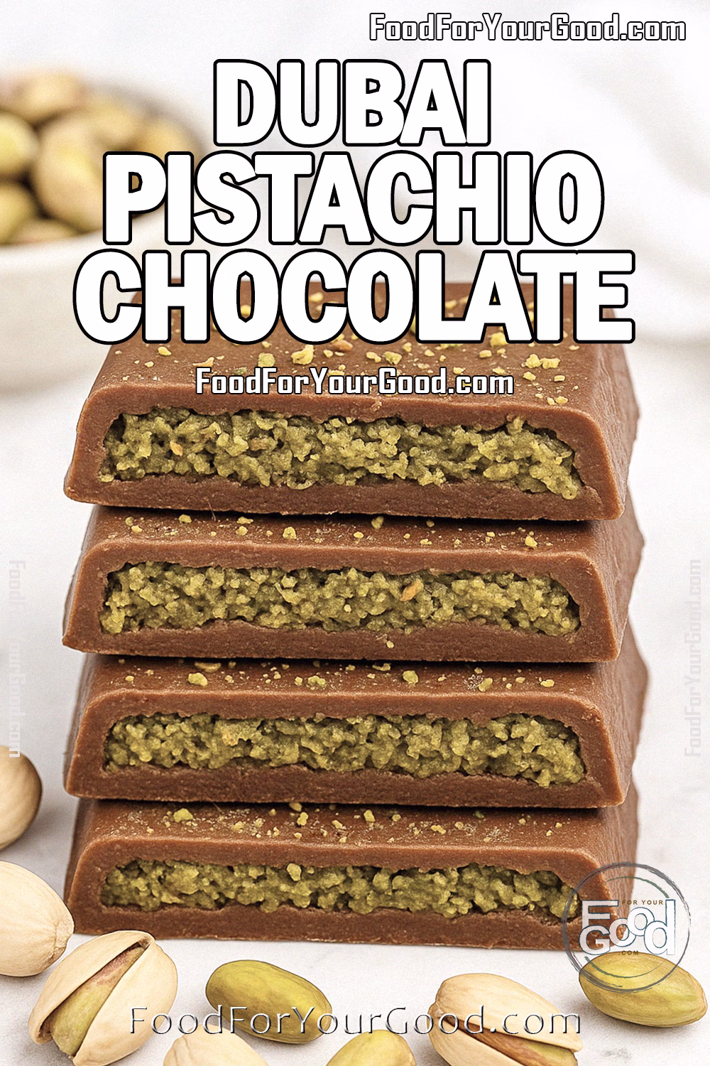Rustic Dubai Pistachio Chocolate Recipe – FoodForYourGood.com Rustic Dubai Pistachio Chocolate bars stacked on white marble, filled with textured pistachio cream and dusted with chopped pistachios, with whole pistachios scattered in front and a blurred bowl in the background.
