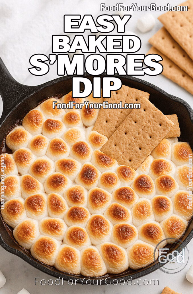 Easy Baked S’Mores Dip in a cast iron skillet with perfectly toasted marshmallows on top, served with graham crackers on a marble countertop.