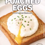 Easy Microwave Poached Egg on toast with runny yolk and fresh chives, served on a white plate over marble.