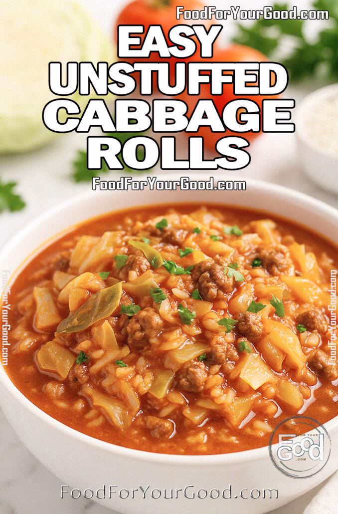 Easy Unstuffed Cabbage Rolls in a white bowl on a marble countertop, garnished with parsley and surrounded by fresh tomatoes, cabbage, and rice.