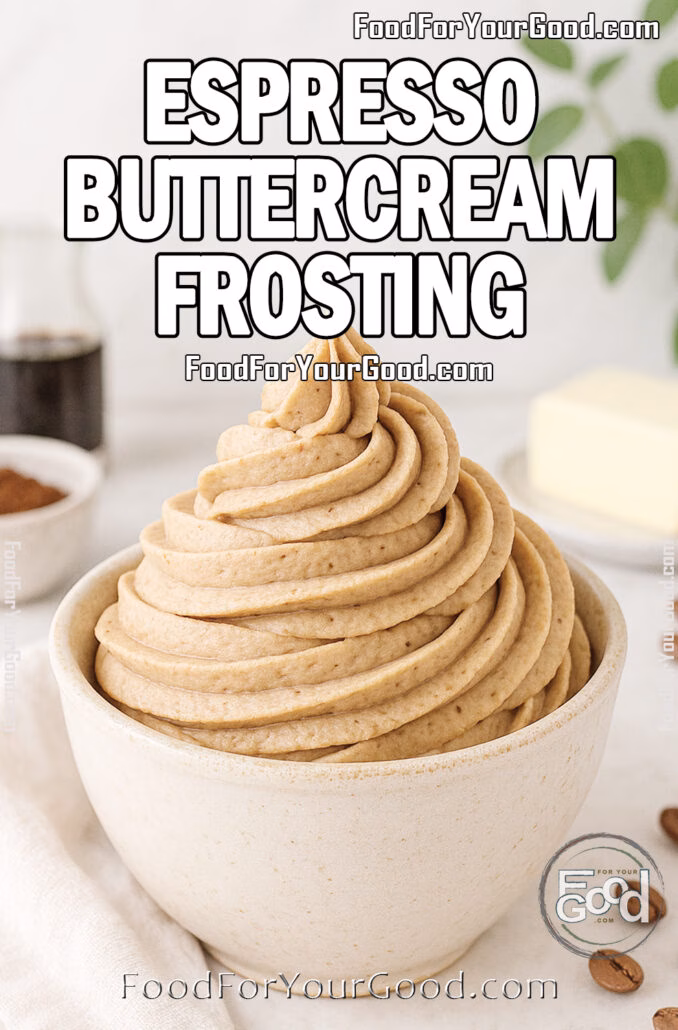 Espresso Buttercream Frosting Homemade Espresso Buttercream Frosting in a rustic ceramic bowl on a white marble countertop, surrounded by espresso powder, butter, and coffee beans.
