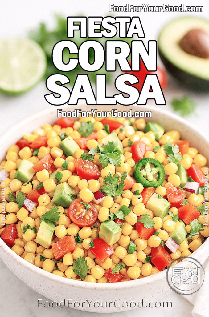 Fiesta Corn Salsa A rustic bowl of Fiesta Corn Salsa with corn, avocado, tomatoes, jalapeño, red bell pepper, and cilantro on a marble countertop.