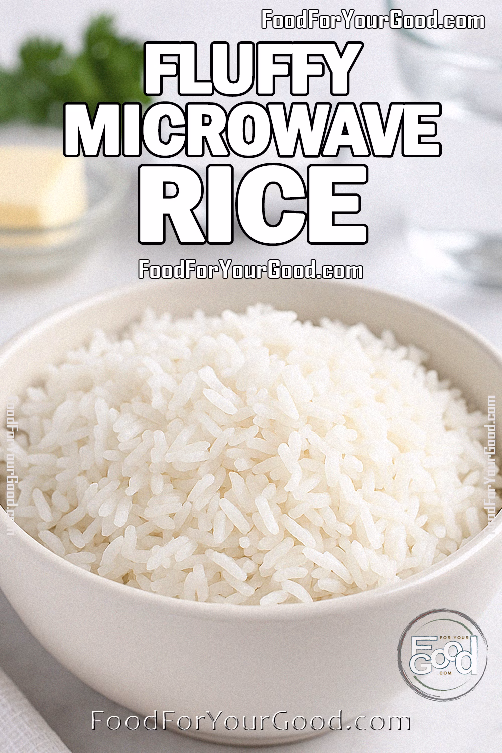 Fluffy Microwave Rice served in a white bowl on a marble countertop with butter, parsley, and salt in the background.