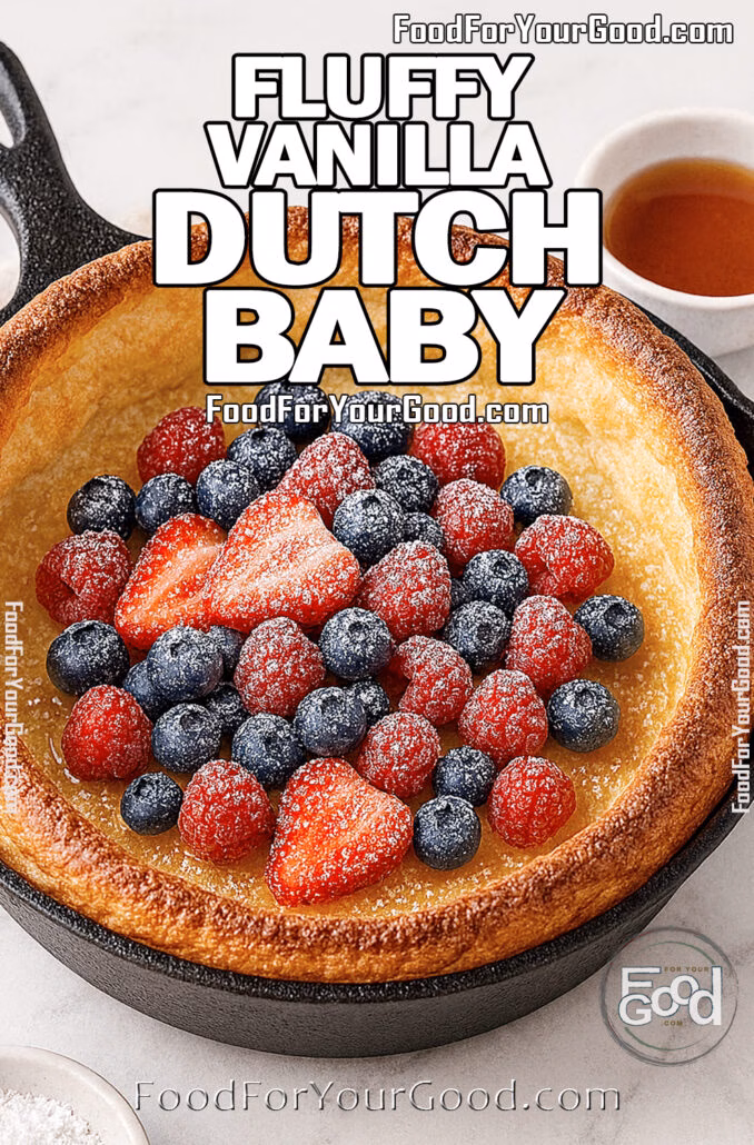Fluffy Vanilla Dutch Baby Fluffy Vanilla Dutch Baby in a cast-iron skillet with tall golden edges, topped with fresh strawberries, blueberries, raspberries, powdered sugar, and lightly drizzled maple syrup.