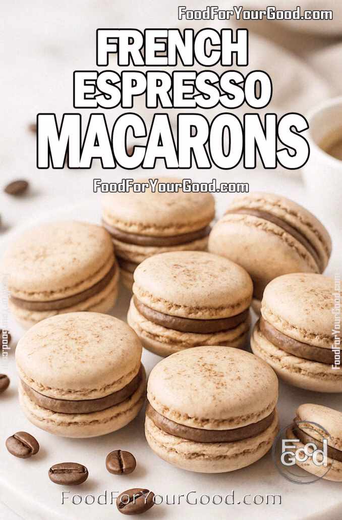 French Espresso Macarons French Espresso Macarons with espresso buttercream filling on FoodForYourGood.com
