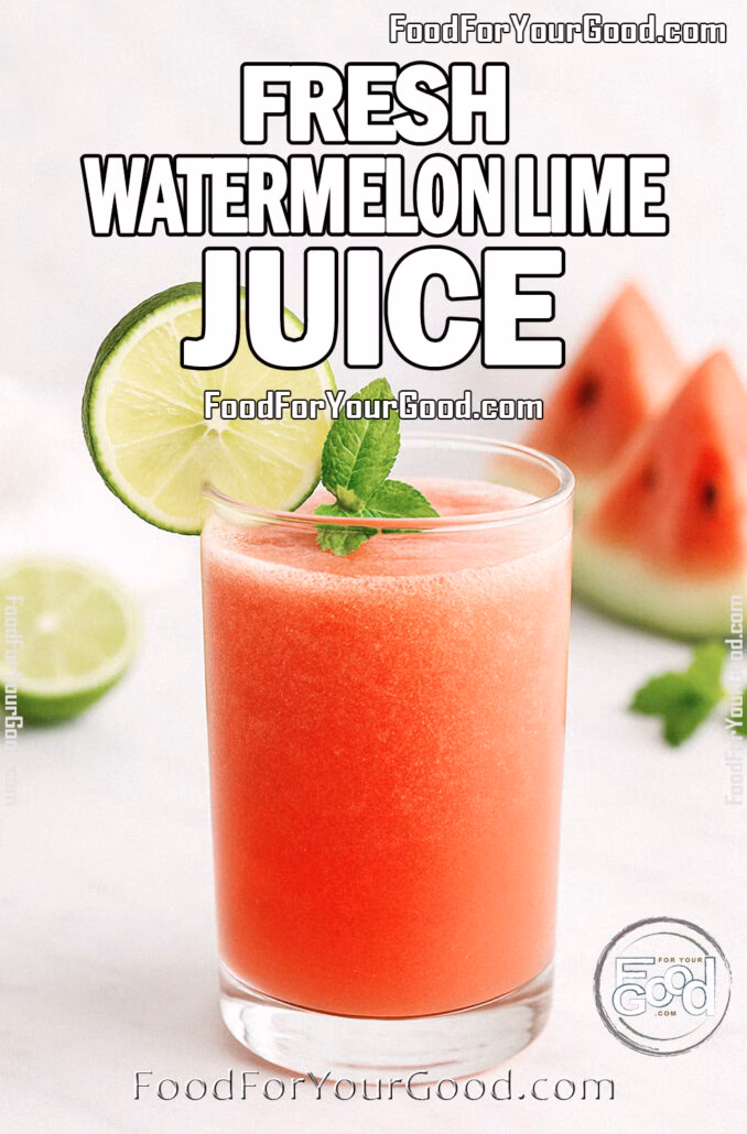 Fresh Watermelon Lime Juice A glass of Fresh Watermelon Lime Juice served on a white marble countertop with watermelon slices, lime, and mint in the background, styled in bright daylight for a refreshing homemade look.