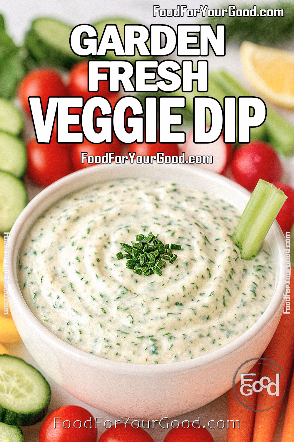 Garden Fresh Veggie Dip in a white ceramic bowl, garnished with herbs and celery, surrounded by colorful fresh vegetables on a marble surface.
