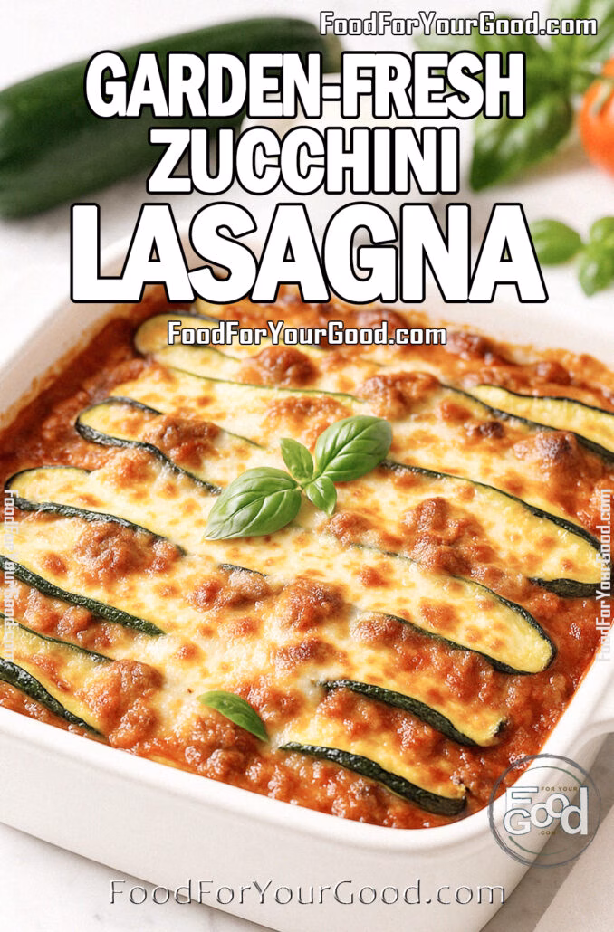 Garden-Fresh Zucchini Lasagna A freshly baked Garden-Fresh Zucchini Lasagna in a white ceramic dish, topped with golden melted cheese and zucchini slices, garnished with basil, set on a white marble background with fresh zucchini, basil, tomato, parmesan, and a white towel in the background.