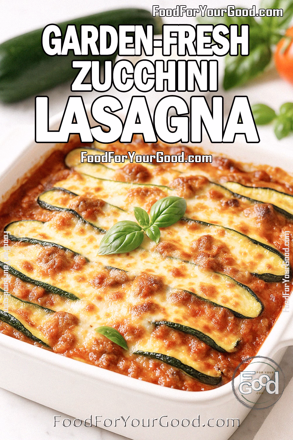 Garden-Fresh Zucchini Lasagna Recipe – FoodForYourGood.com A freshly baked Garden-Fresh Zucchini Lasagna in a white ceramic dish, topped with golden melted cheese and zucchini slices, garnished with basil, set on a white marble background with fresh zucchini, basil, tomato, parmesan, and a white towel in the background.