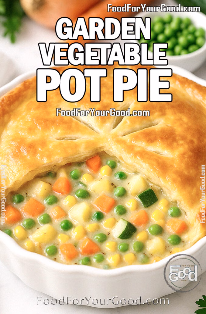 Garden Vegetable Pot Pie Garden Vegetable Pot Pie in a white ceramic dish with creamy vegetable filling spooned out, on white marble with fresh herbs and veggies blurred in the background.