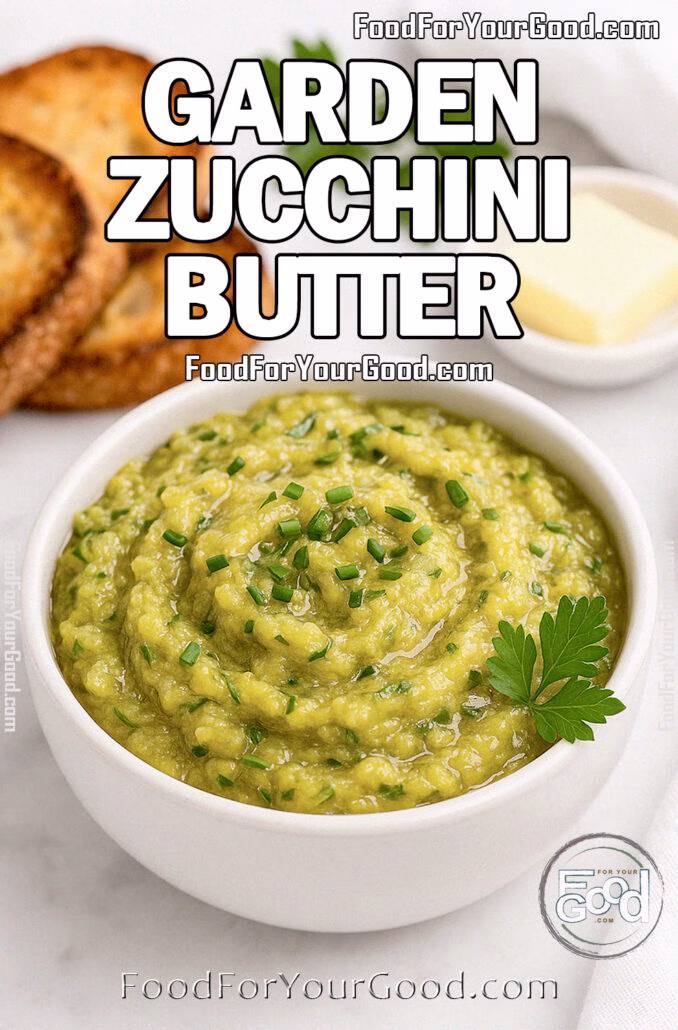 Garden Zucchini Butter in a white ceramic bowl, garnished with chives and parsley, with crispy bread slices and butter on a white marble background.