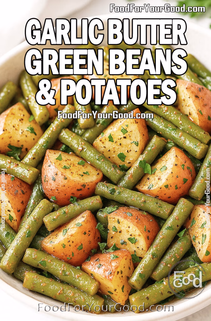 Garlic Butter Green Beans & Potatoes in a white bowl on marble, seasoned with garlic butter, smoked paprika, thyme, pepper, salt, and parsley.