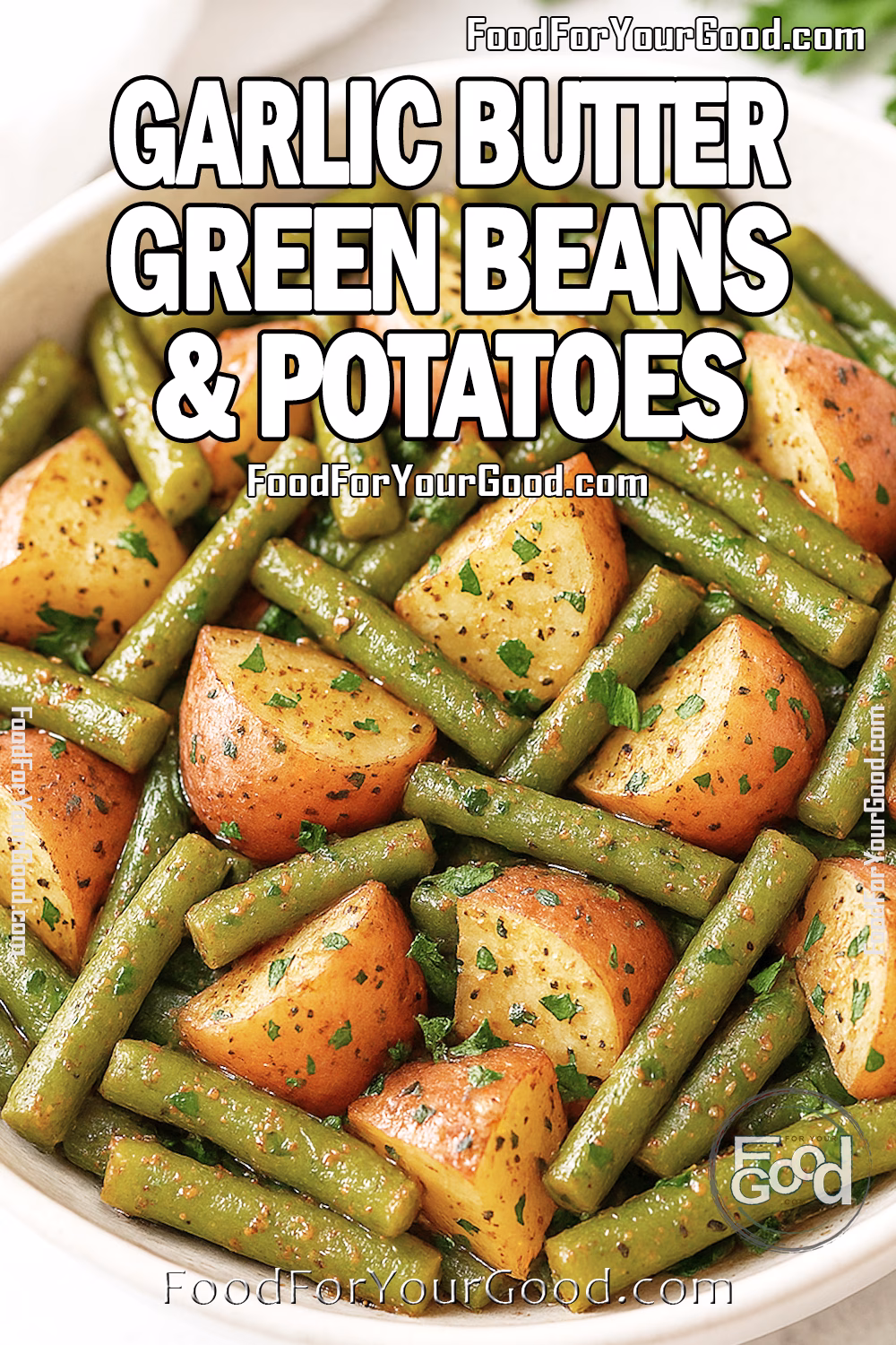 Garlic Butter Green Beans & Potatoes in a white bowl on marble, seasoned with garlic butter, smoked paprika, thyme, pepper, salt, and parsley.