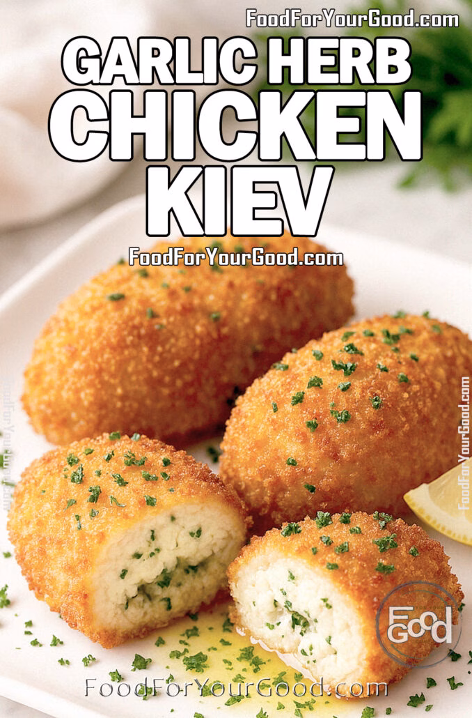 Garlic Herb Chicken Kiev on a white square plate with parsley and lemon wedges, golden crust with herb butter oozing on white marble.