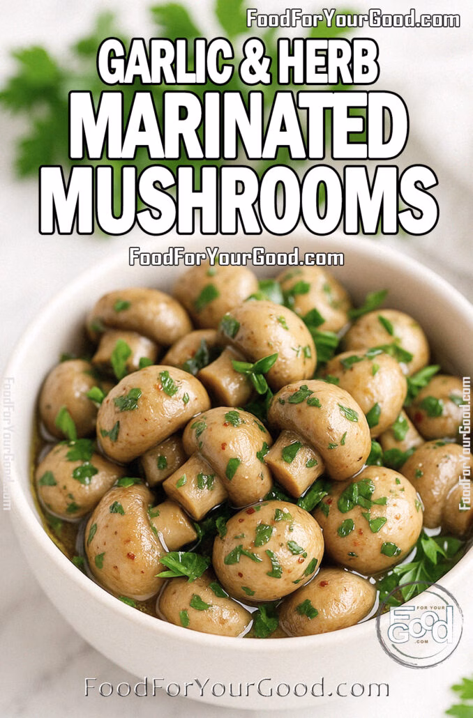 Garlic & Herb Marinated Mushrooms White ceramic bowl filled with marinated mushrooms garnished with fresh parsley, set on a white marble countertop with herbs and a white towel in the blurred background.