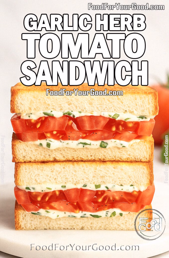 Garlic Herb Tomato Sandwich Garlic Herb Tomato Sandwich stacked on marble with fresh tomato and basil in background