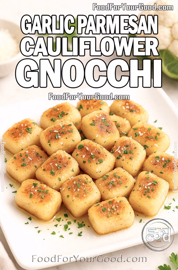 Garlic Parmesan Cauliflower Gnocchi Golden Garlic Parmesan Cauliflower Gnocchi served on a white square plate with chopped basil and parmesan garnish, set on a marble countertop with cauliflower, ricotta, and cheese in the background.