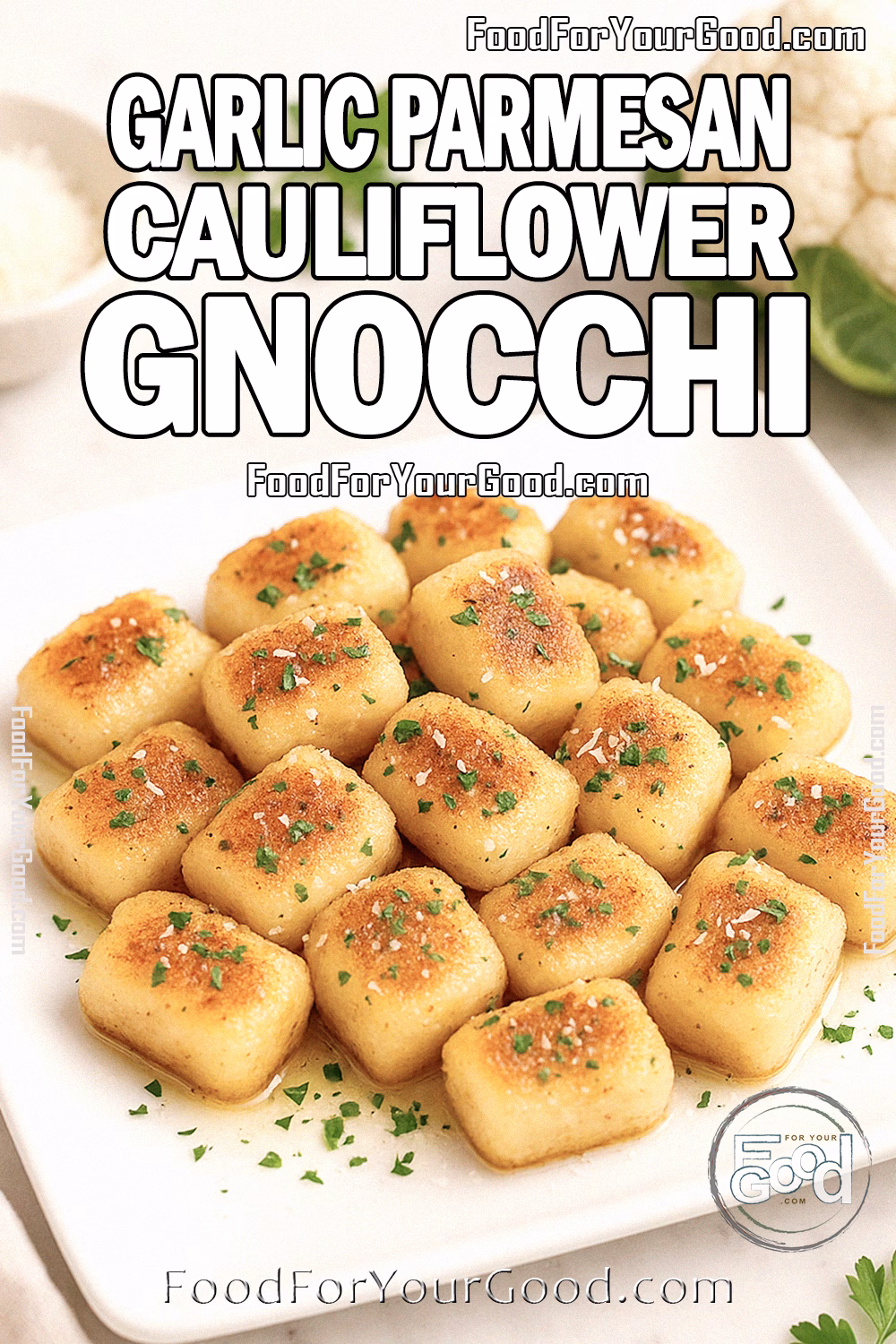 Garlic Parmesan Cauliflower Gnocchi Recipe – FoodForYourGood.com Golden Garlic Parmesan Cauliflower Gnocchi served on a white square plate with chopped basil and parmesan garnish, set on a marble countertop with cauliflower, ricotta, and cheese in the background.