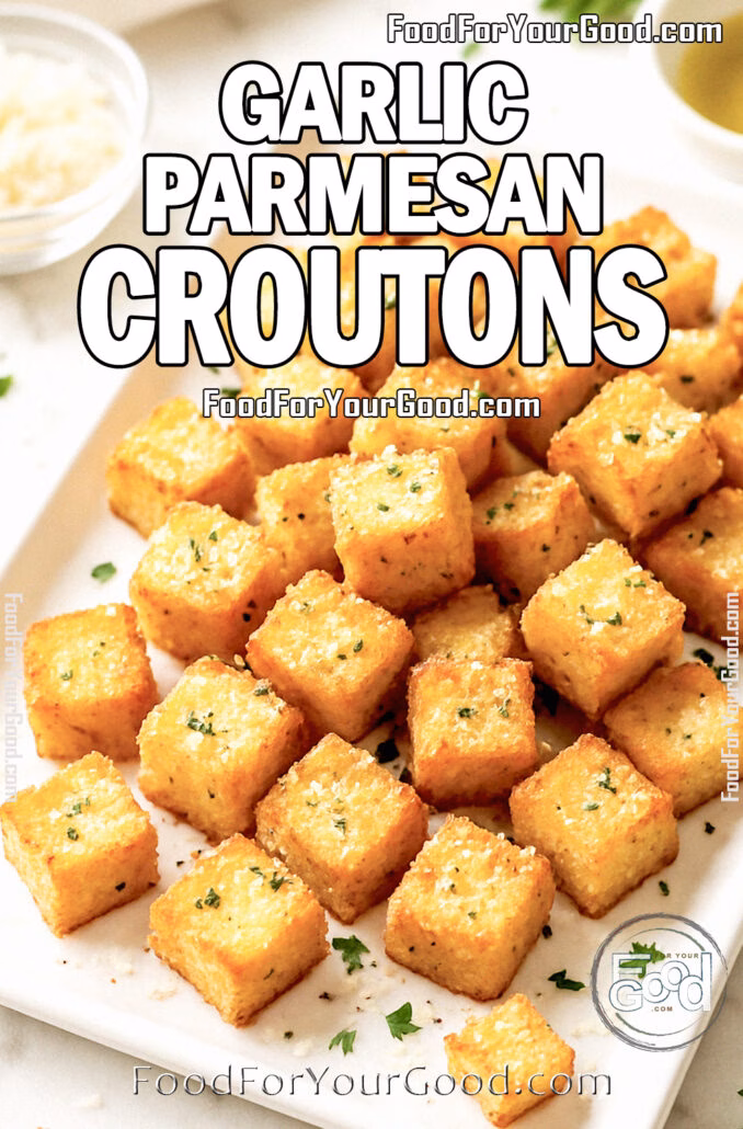 Garlic Parmesan Croutons Golden Garlic Parmesan croutons on a white rectangular platter, sprinkled with parsley and Parmesan, on white marble in bright daylight, portrait orientation.