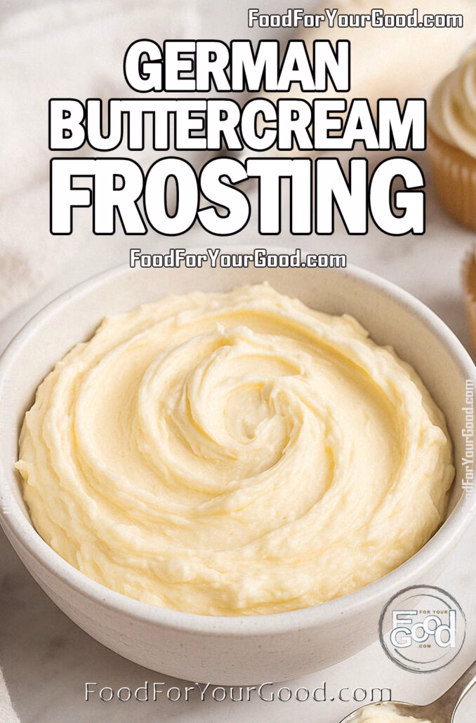 German Buttercream Frosting Homemade German Buttercream Frosting in a white bowl with spoon, cupcakes, and piping bag on marble background.