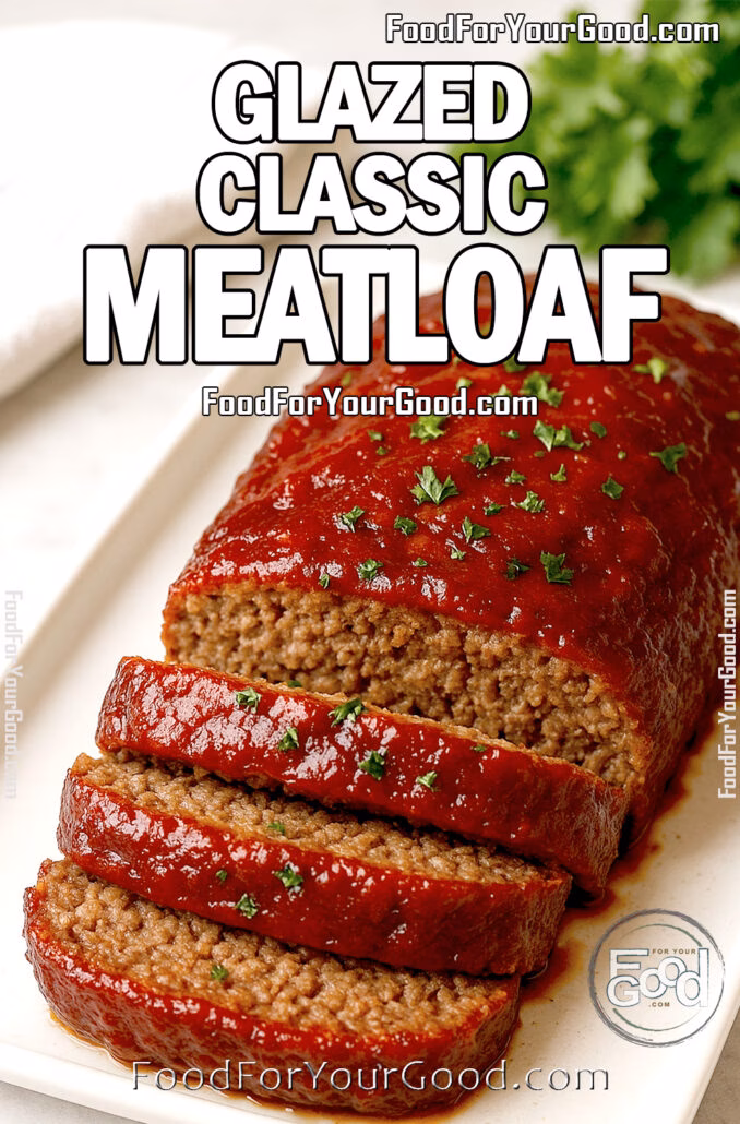 A freshly baked glazed classic meatloaf sliced on a white ceramic tray, garnished with parsley on a marble countertop.