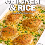 Golden Baked Chicken and Rice in a white baking dish on marble countertop with fresh parsley garnish – FoodForYourGood.com