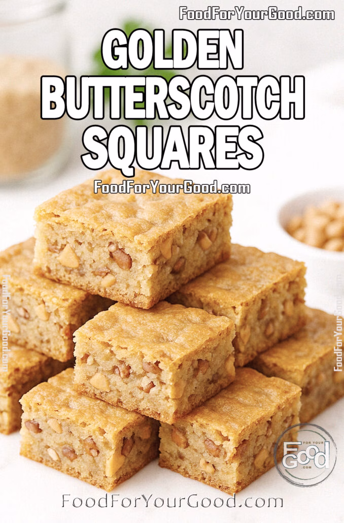 Golden Butterscotch Squares stacked on white marble with butterscotch chips and brown sugar in background on FoodForYourGood.com