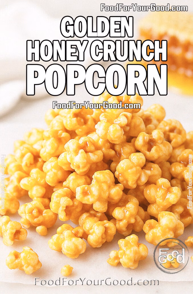 Golden Honey Crunch Popcorn Golden Honey Crunch Popcorn on a marble surface, scattered for a homemade look, with honeycomb dripping honey and an ear of corn in the blurred background.