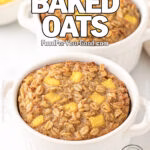 Golden Mango Baked Oats in white ceramic ramekins, baked with visible oats and mango chunks, on a marble countertop.