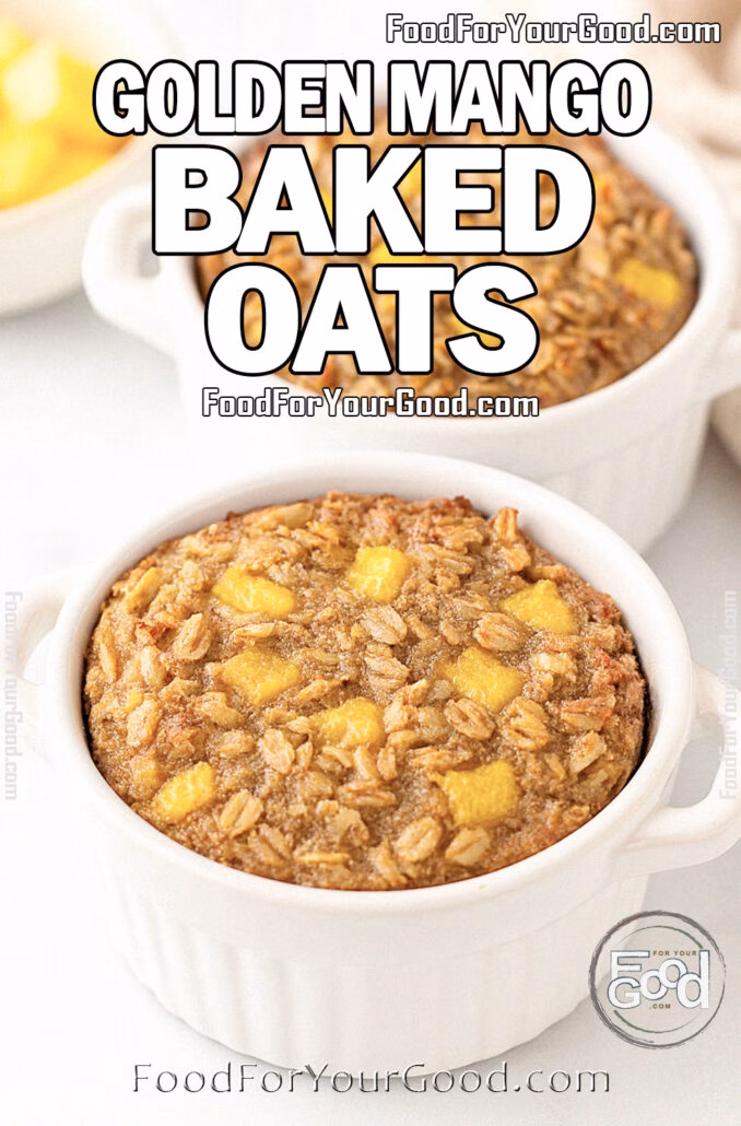 Golden Mango Baked Oats Golden Mango Baked Oats in white ceramic ramekins, baked with visible oats and mango chunks, on a marble countertop.
