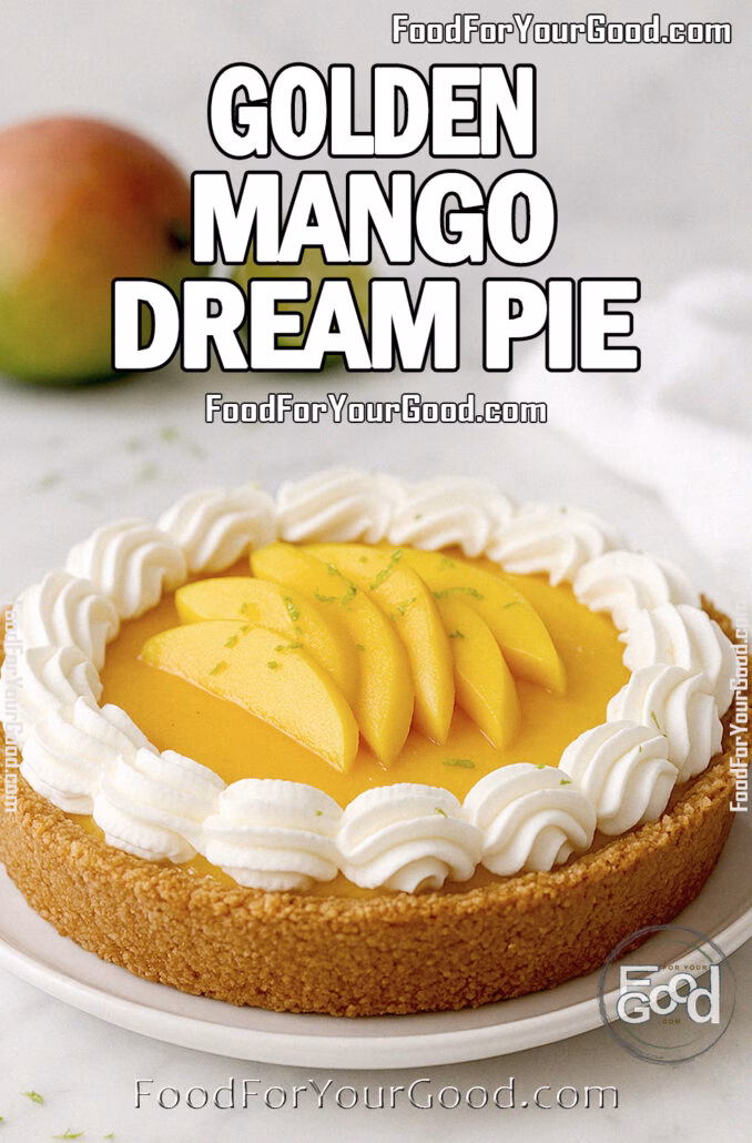 Golden Mango Dream Pie Golden Mango Dream Pie on a white plate, topped with whipped cream, fresh mango slices, and lime zest on a marble countertop with mango and lime in the background.