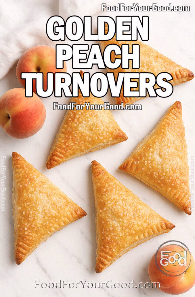 Golden Peach Turnovers on white marble with fresh peaches and a white linen towel – FoodForYourGood.com