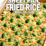 Golden Sheet Pan Fried Rice on FoodForYourGood.com with broccoli, peas, carrots, and scrambled eggs on a white marble background.