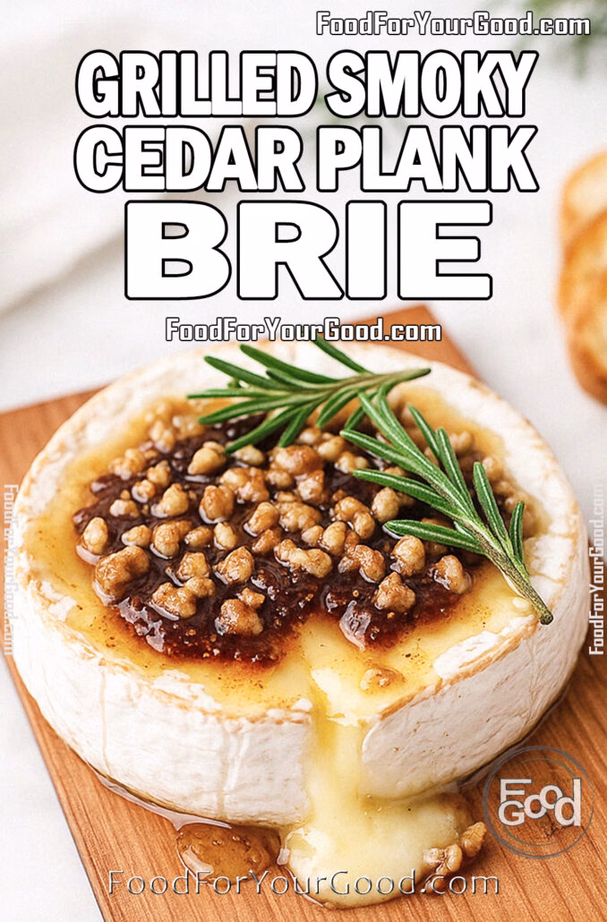 Grilled Smoky Cedar Plank Brie topped with fig jam, honey, walnuts, and rosemary, served with toasted baguette slices on FoodForYourGood.com