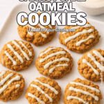 Healthy carrot cake oatmeal cookies with yogurt-maple icing on a white square plate, bowl of frosting and carrot shavings on white marble, daylight.