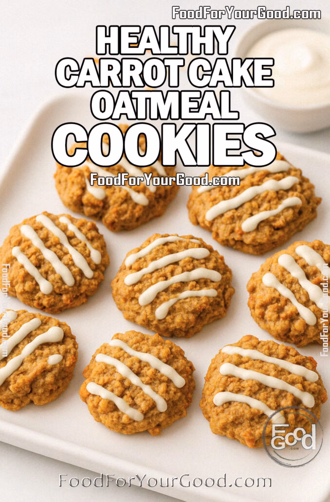 Healthy carrot cake oatmeal cookies with yogurt-maple icing on a white square plate, bowl of frosting and carrot shavings on white marble, daylight.