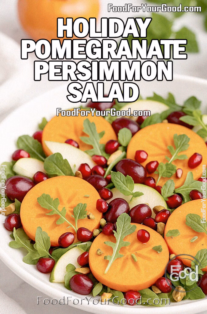 Holiday Pomegranate Persimmon Salad Holiday Pomegranate Persimmon Salad with persimmon slices, pomegranate arils, grapes, pear, arugula, mint, and pistachios in a white bowl on marble.