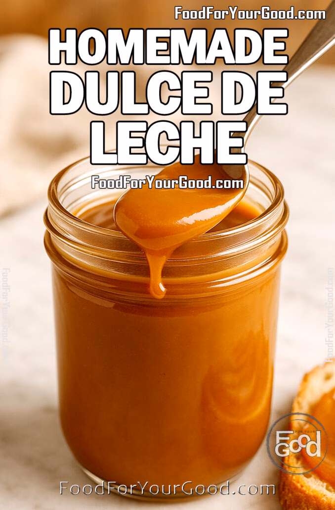 Homemade Dulce de Leche Glass jar of creamy dulce de leche with spoonful and caramel-swirled bread on marble counter
