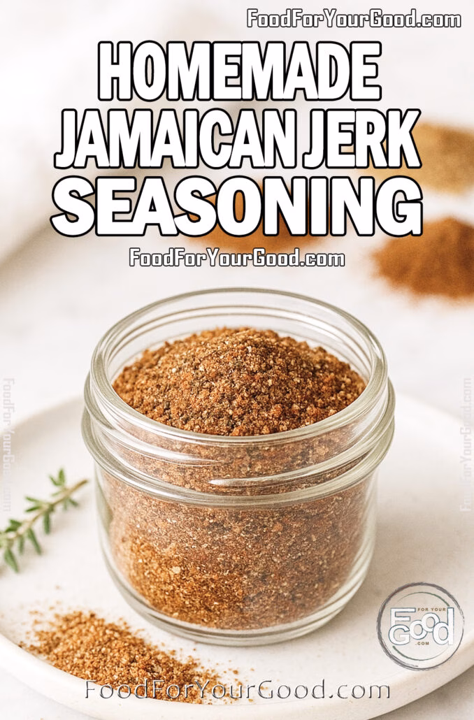 Homemade Jamaican Jerk Seasoning Homemade Jamaican Jerk Seasoning in a glass jar with fresh herbs and peppers on marble at FoodForYourGood.com