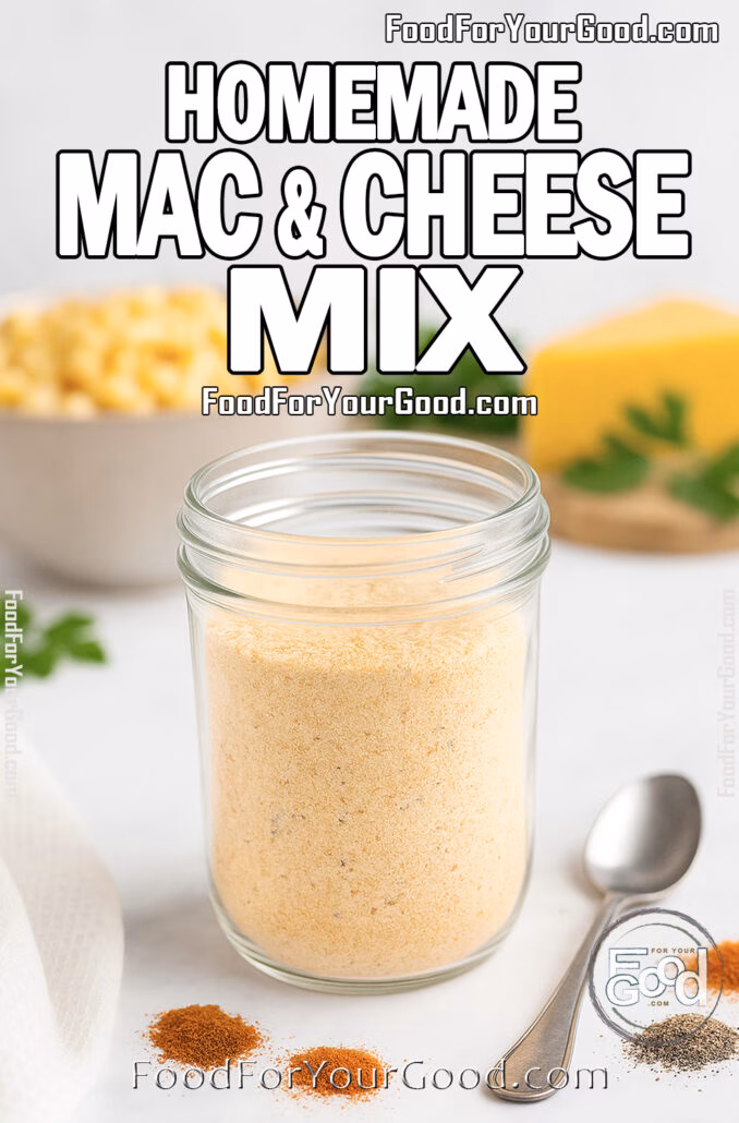 Homemade Mac & Cheese Mix in a glass jar on white marble with cheddar and herbs in background.