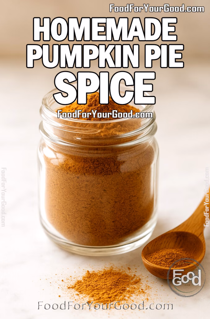 Glass jar filled with homemade pumpkin pie spice on white marble with wooden spoon