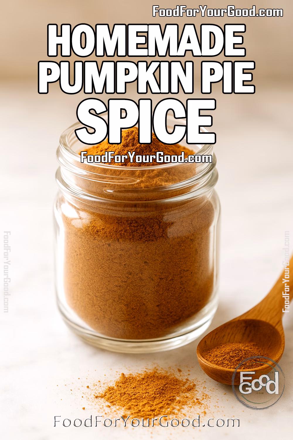 Glass jar filled with homemade pumpkin pie spice on white marble with wooden spoon